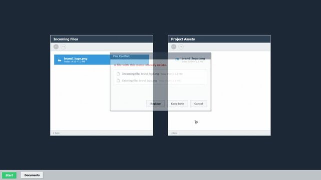 User resolving file conflict in digital software interface. 4K Video