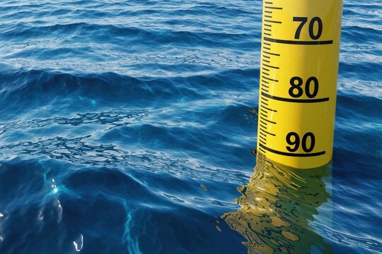 Yellow water level gauge measures depth in blue ocean. Vertical scale shows rising falling liquid levels. 3D illustration represents flood risk, drought monitoring, sea level rise, water management.