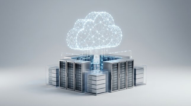 Cloud computing server infrastructure with digital data network connection visualization.