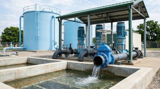 Resilient water supply infrastructure with storage tanks, turbine pumps, ductile iron mains, and a control valve feeding a filtration basin.