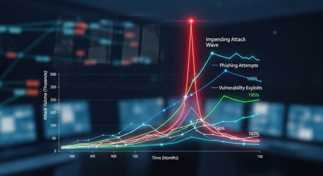 Futuristic holographic glowing cyber security line graph and data visualization dashboard with neon-colored lines showing a dramatic sharp red spike of impending attack wave threats, set against a