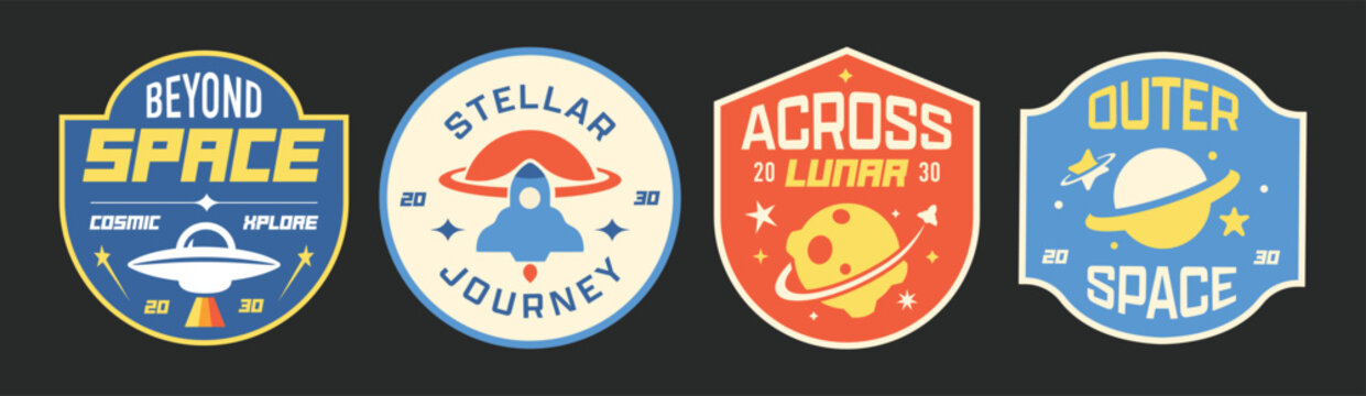 Set of Space badges, logos, emblems collection. Space exploration journey patches design.