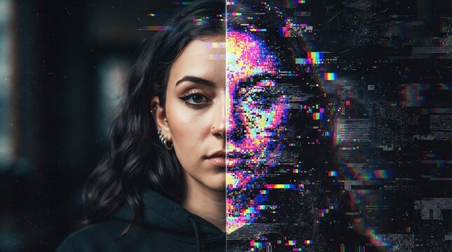 Digital Art Transformation of Female Portrait with Glitch Effect.