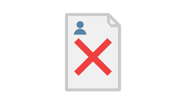 Profile deletion or document error icon featuring a gray paper page with a user symbol and a large red cross.