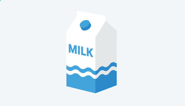 Isometric milk carton box packaging in white and blue featuring stylized water wave patterns on light background.