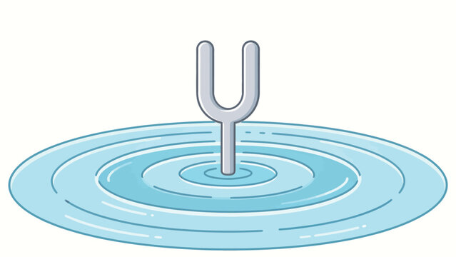 Vibrant cartoon tuning fork creating concentric water ripples in light blue tones, minimalist science