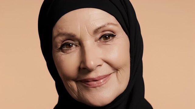 Close-up Portrait of an Elegant Elderly Woman Wearing a Hijab, Smiling Gently with Warmth and Grace