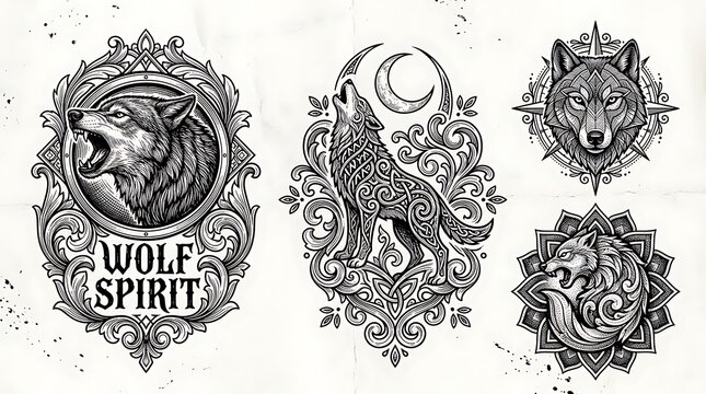 Set of Ornate Wolf Spirit Tribal Tattoo Designs Featuring Howling Wolf Moon and Mandala Engravings
