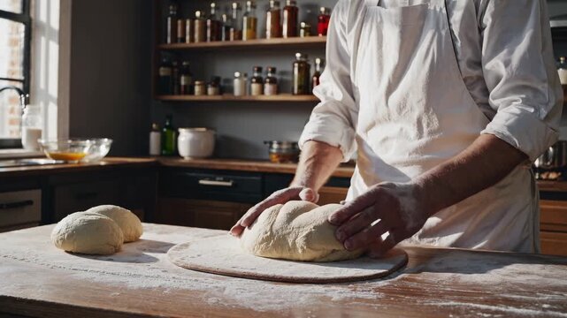 A mid-angle shot of a baker kneading dough in a rustic kitchen, capturing the artisanal process. Perfect for a cooking video concept.
