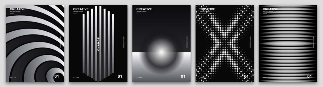 Abstract gradient poster background vector set. Modern geometric cover template collection with colorful gradient shapes, abstract optical illusion patterns, fluid design elements, perfect for social 