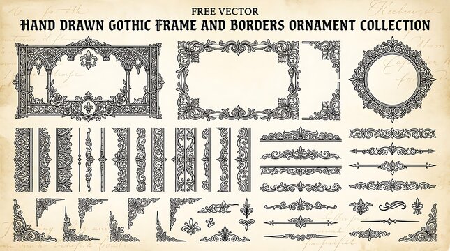 Hand Drawn Gothic Frame and Borders Ornament Collection with Vintage Floral Ornate Victorian Elements