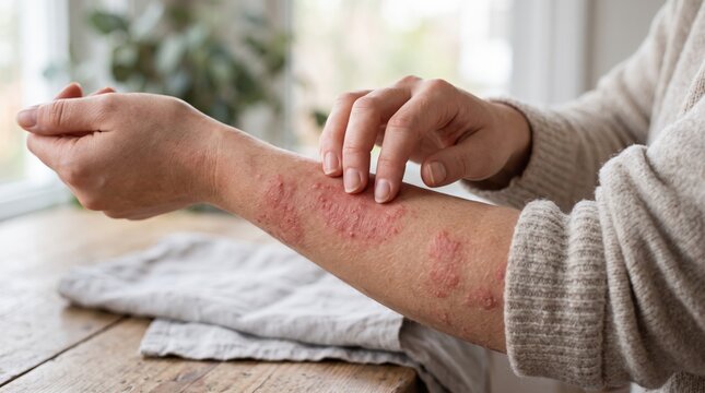of woman scratching itchy red eczema rash on forearm arm skin, suffering from allergic dermatitis or psoriasis condition, illustrating healthcare medical regarding skin problems