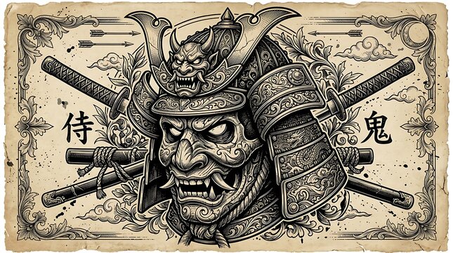 Intricate Vintage Samurai Oni Mask Illustration with Crossed Katanas and Japanese Kanji Characters