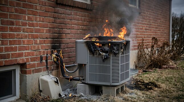 Outdoor air conditioning unit condenser on fire with thick black smoke next to a brick residential house