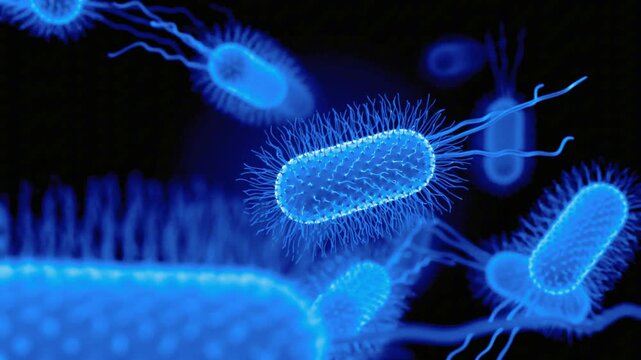 Microscopic view of glowing blue bacteria cells with flagella, detailed microbiological illustration of pathogens and germs in a dark environment