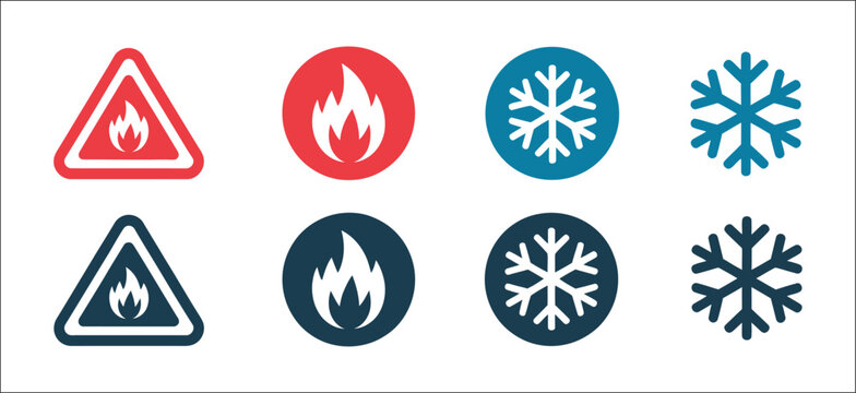 Fire and snowflake warning icon set, hazard symbols for flammable substances and cold temperature risks, industrial safety signage, laboratory labels