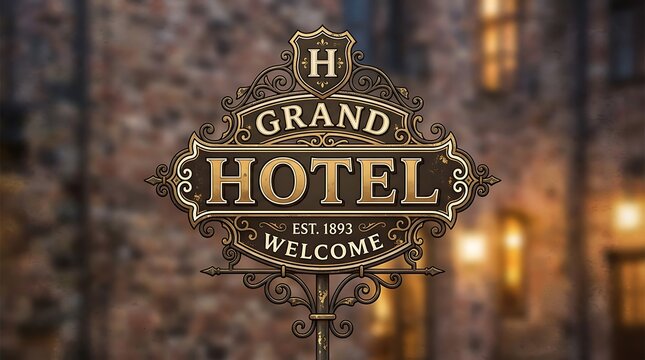 Ornate Vintage Grand Hotel Sign with Classical Typography and Wrought Iron Details in Night Street