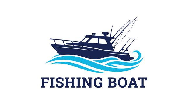 Dark blue fishing boat illustration featuring sleek lines and stylized waves for a professional logo design