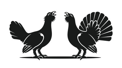 Naklejka premium Two black capercaillie birds display iconic mating behavior in this elegant minimalist vector graphic art style