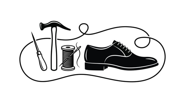 Vintage shoemaker tools including hammer awl spool and needle alongside elegant leather dress shoe silhouette