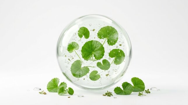 A clear glass sphere filled with water and green leaves, placed on a white background.