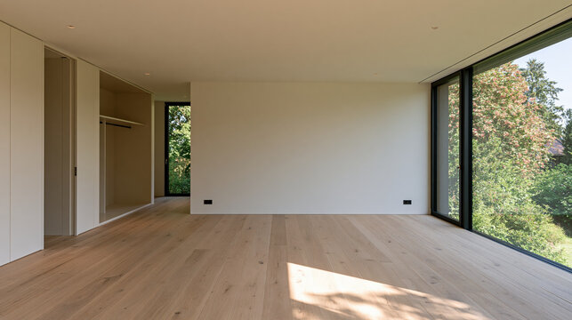 Modern empty apartment living room with warm natural light, wood floor, and large window overlooking greenery