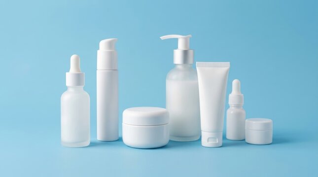 A collection of white skincare products on a blue background.