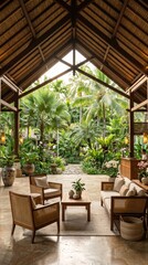 Fototapeta premium Chic tropical lounge bathed in natural light with vibrant greenery and sophisticated decor creating a serene atmosphere