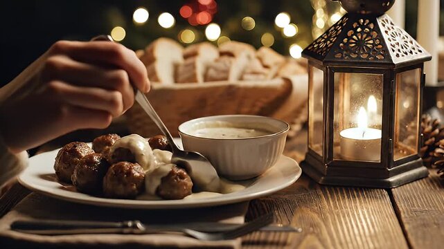 Cozy Christmas Dinner with Swedish Meatballs, Gravy, Bread Basket, and Candlelight Lantern on