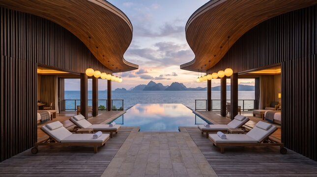 Luxury infinity pool at dusk with wooden lounge chairs overlooking serene waterfront view