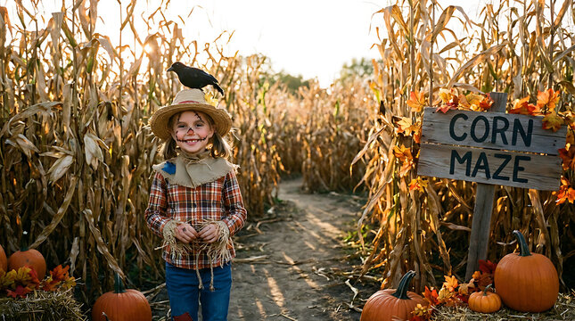 Young girl in scarecrow costume smiling in corn maze