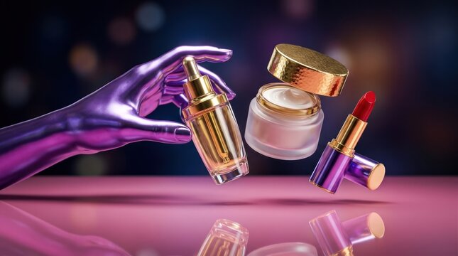 A hand holding a bottle of perfume against a blurred background.