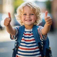 Naklejka premium Cheerful blond boy shows two thumbs up wearing striped t-shirt, blue backpack. Happy elementary student smiles confidently with school bag on shoulders. Young kid ready for first day of school