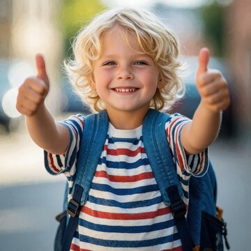 Cheerful blond boy shows two thumbs up wearing striped t-shirt, blue backpack. Happy elementary student smiles confidently with school bag on shoulders. Young kid ready for first day of school