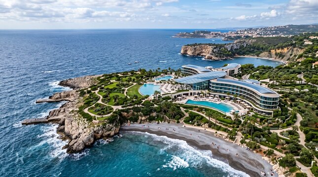 Aerial view of luxury coastal resort with infinity pool overlooking turquoise Mediterranean sea and cliffs