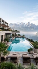 Fototapeta premium Beautiful luxury villa featuring an infinity pool with breathtaking views of the mountains and picturesque landscape