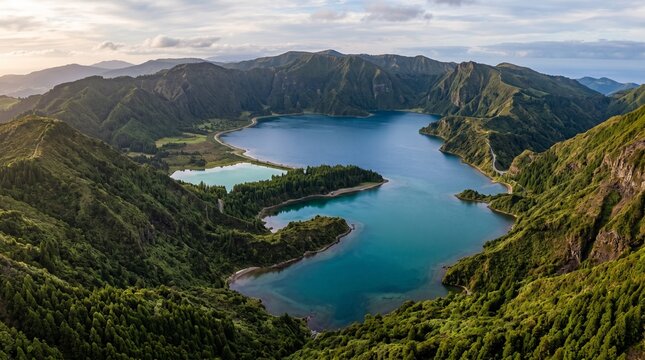 Aerial view of serene tropical lagoon surrounded by lush green mountains and misty clouds