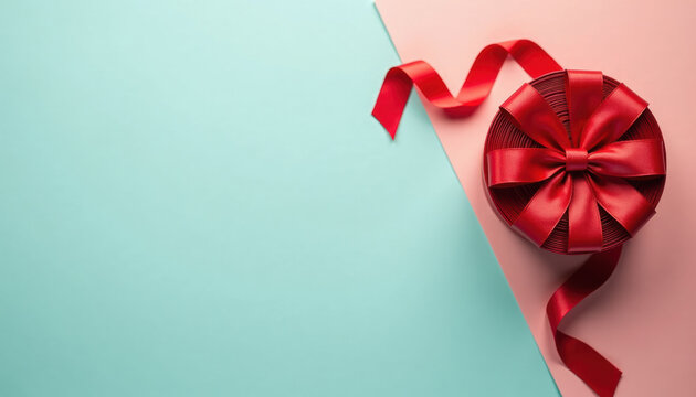 Top view of Red ribbon rolled and red bow isolated on colored background. Flat lay with copy space