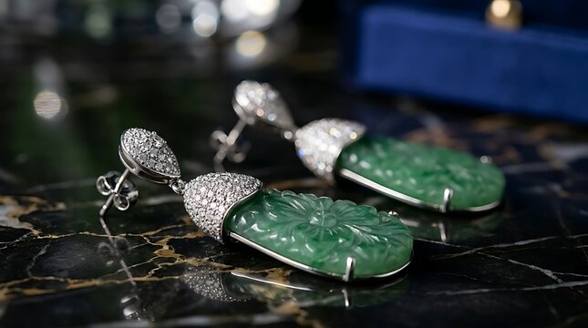 Exquisite Green Jade and Diamond Drop Earrings on a Dark Marble Surface