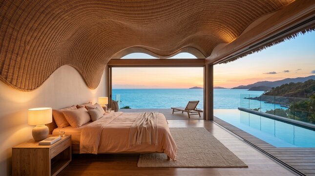 Luxury oceanfront bedroom with panoramic sea view and modern coastal decor at sunset