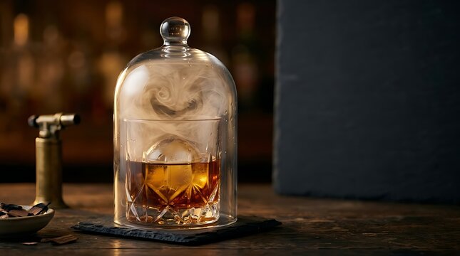 Smoked Old Fashioned Cocktail Infused with Smoke Inside a Glass Cloche on a Wooden Bar