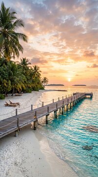 Peaceful sunset view at a tropical beach featuring a wooden pier surrounded by vibrant palm trees