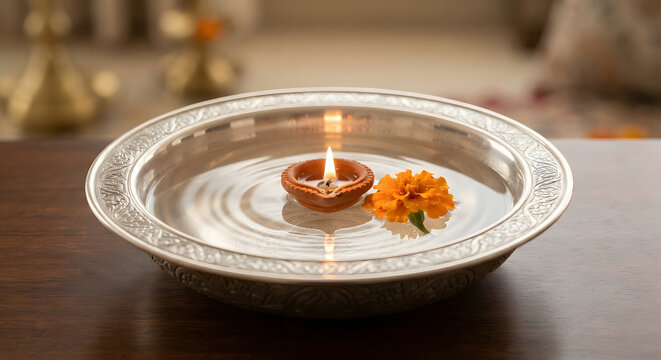 Traditional clay diya lamp and marigold flower floating in a decorative silver bowl