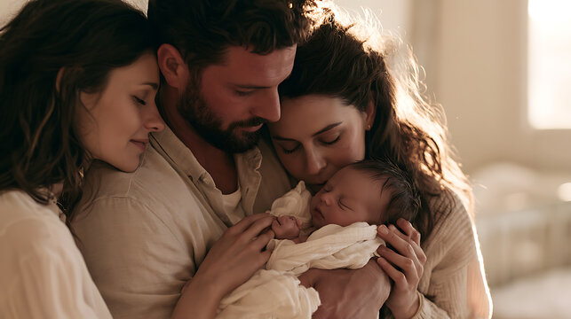 Tender moment between newborn baby and parents, symbolizing unconditional love, family connection, protection, and precious memories.