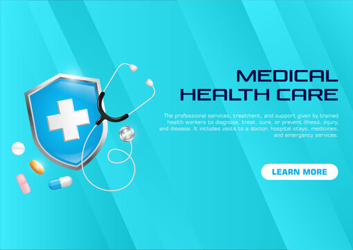 This vector art design showcases various health-related icons, including hospital, medical process, all arranged in a cohesive, modern style for healthcare