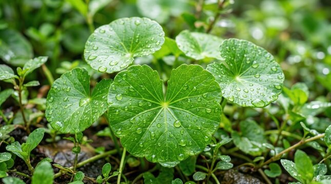 Green leaves with water droplets. The plant concept of nature and growth.