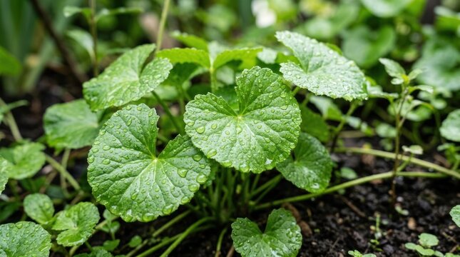 Green leaves with water droplets on them. The plant concept of nature and growth.