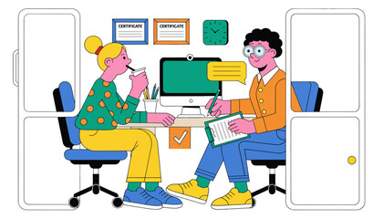 Naklejka premium Two colleagues discussing project at office desk with computer