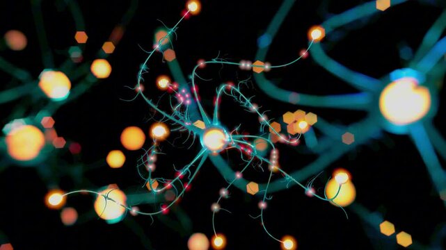 Abstract 3D rendering of glowing neurons and synapses transmitting electrical impulses within the human nervous system network
