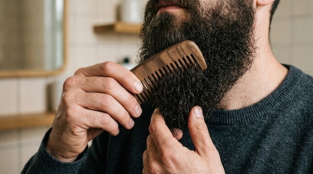 A man combing his beard in a bathroom.